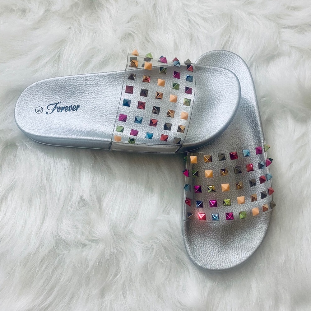 FOREVER STUDDED SILVER SLIDES